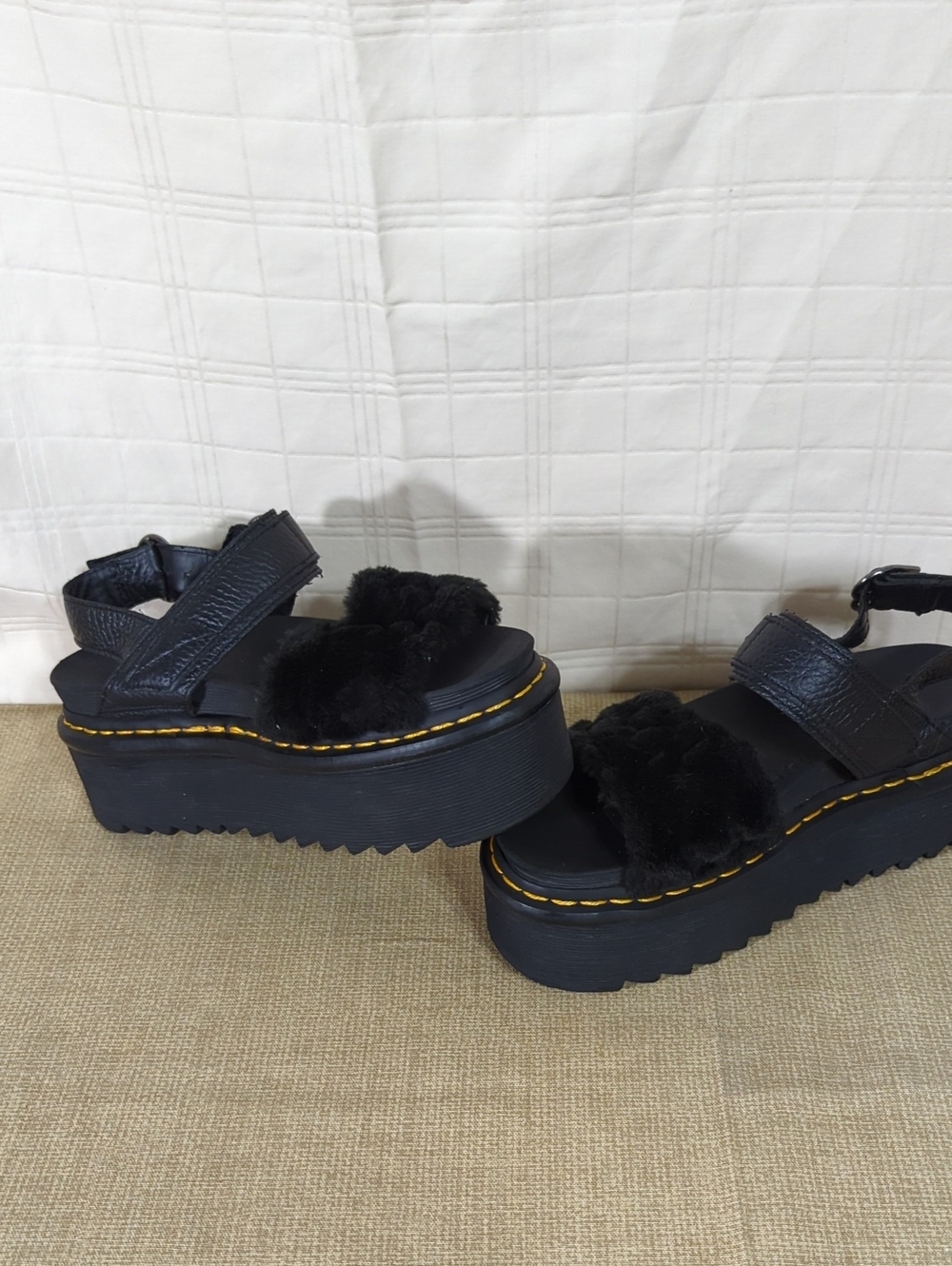 Dr. Martens Voss Quad Black Fluffy Chunky  Platform Sandals Silvertone Hardware